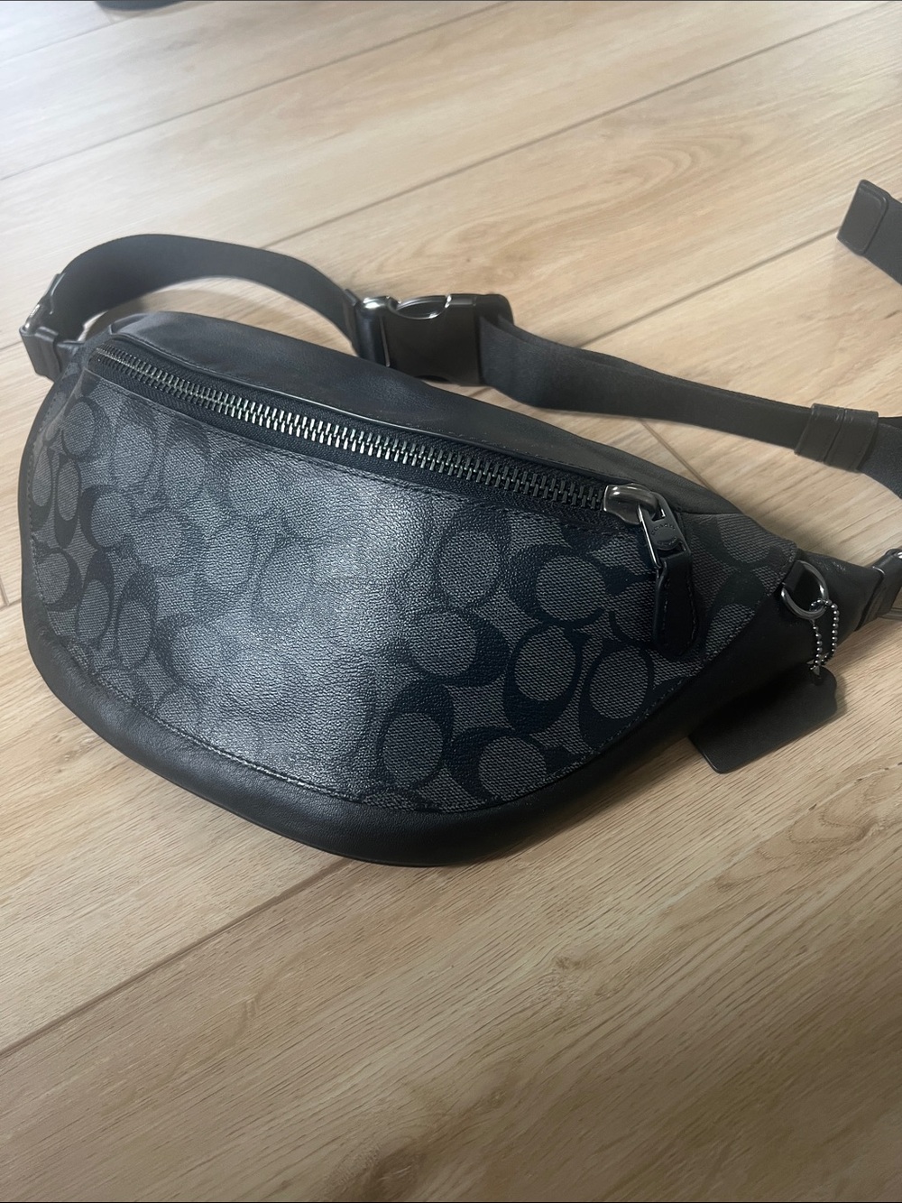 Coach Men's Black Signature Canvas Belt Bag with Leather Trim